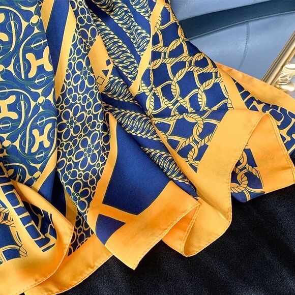 Large Blue and Yellow Silky Satin Scarf- Shimmer and Shawls Boutique Exclusive - Picture 5 of 6